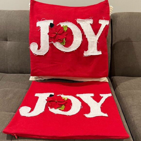 Pair Joy Applique Wool Holiday Square Christmas Pillow Covers by Living Quarters - Picture 1 of 6